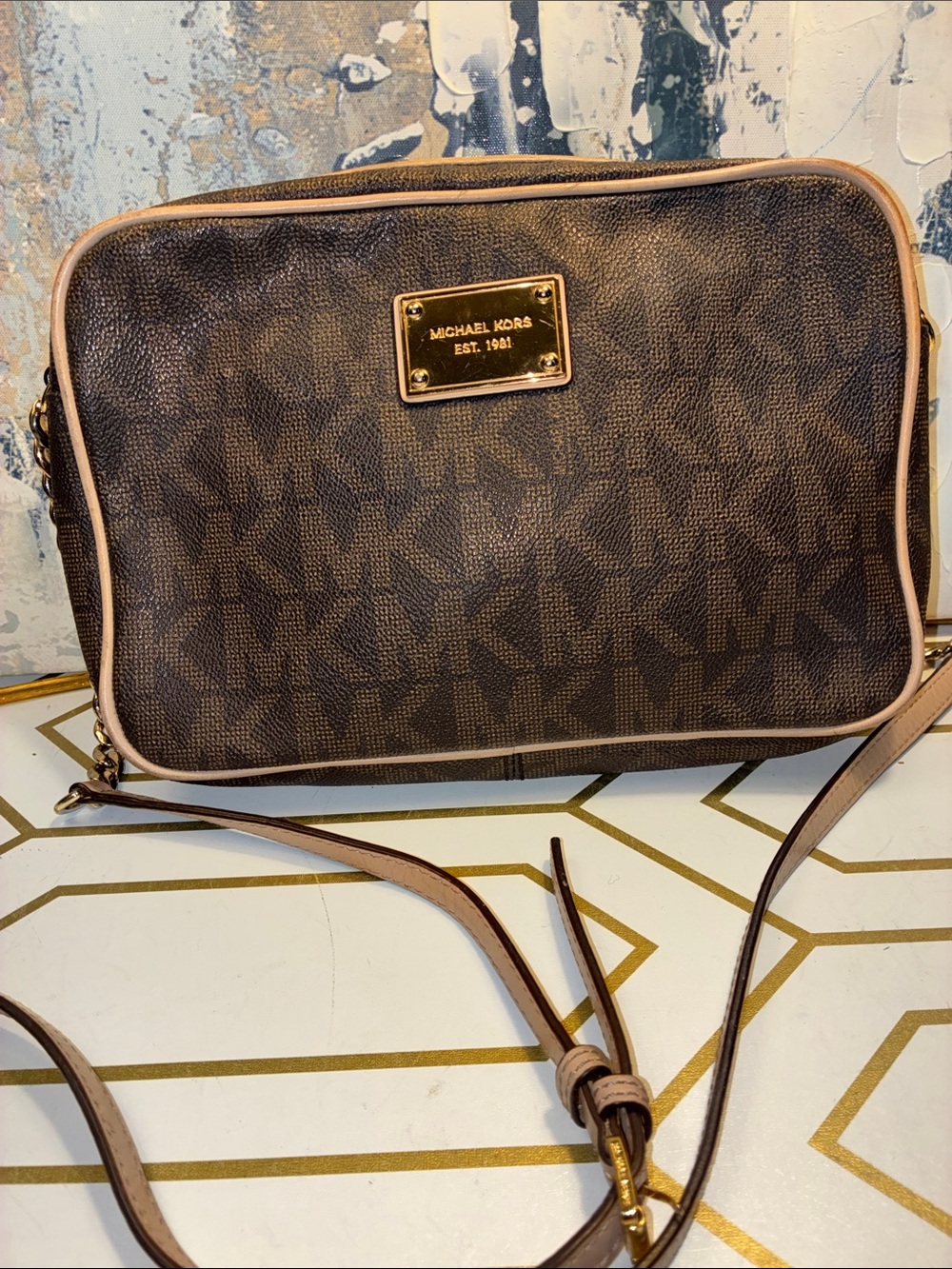 Genuine Michael Kors Brown and Beige MK Signature Crossbody Bag